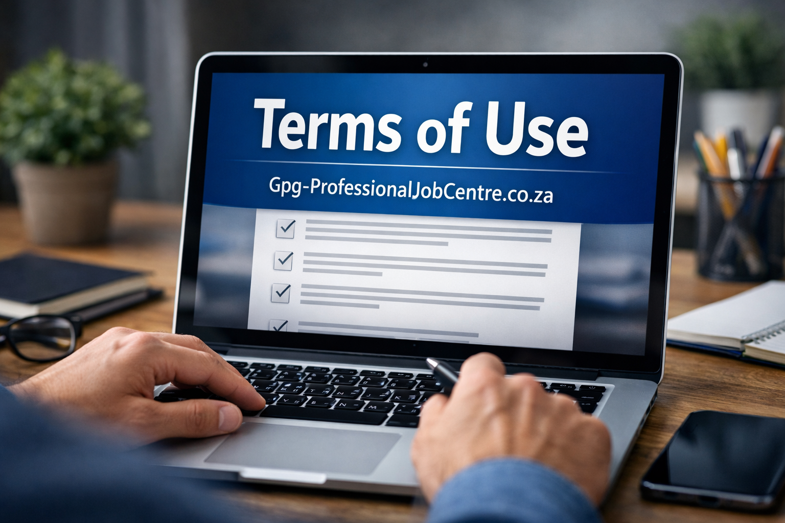 Users reading GPG Professional Job Centre terms on a laptop