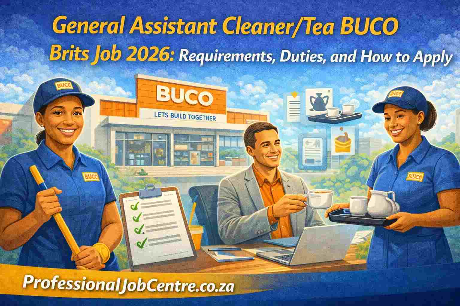 Retail store cleaner preparing workspace and refreshments in BUCO Brits