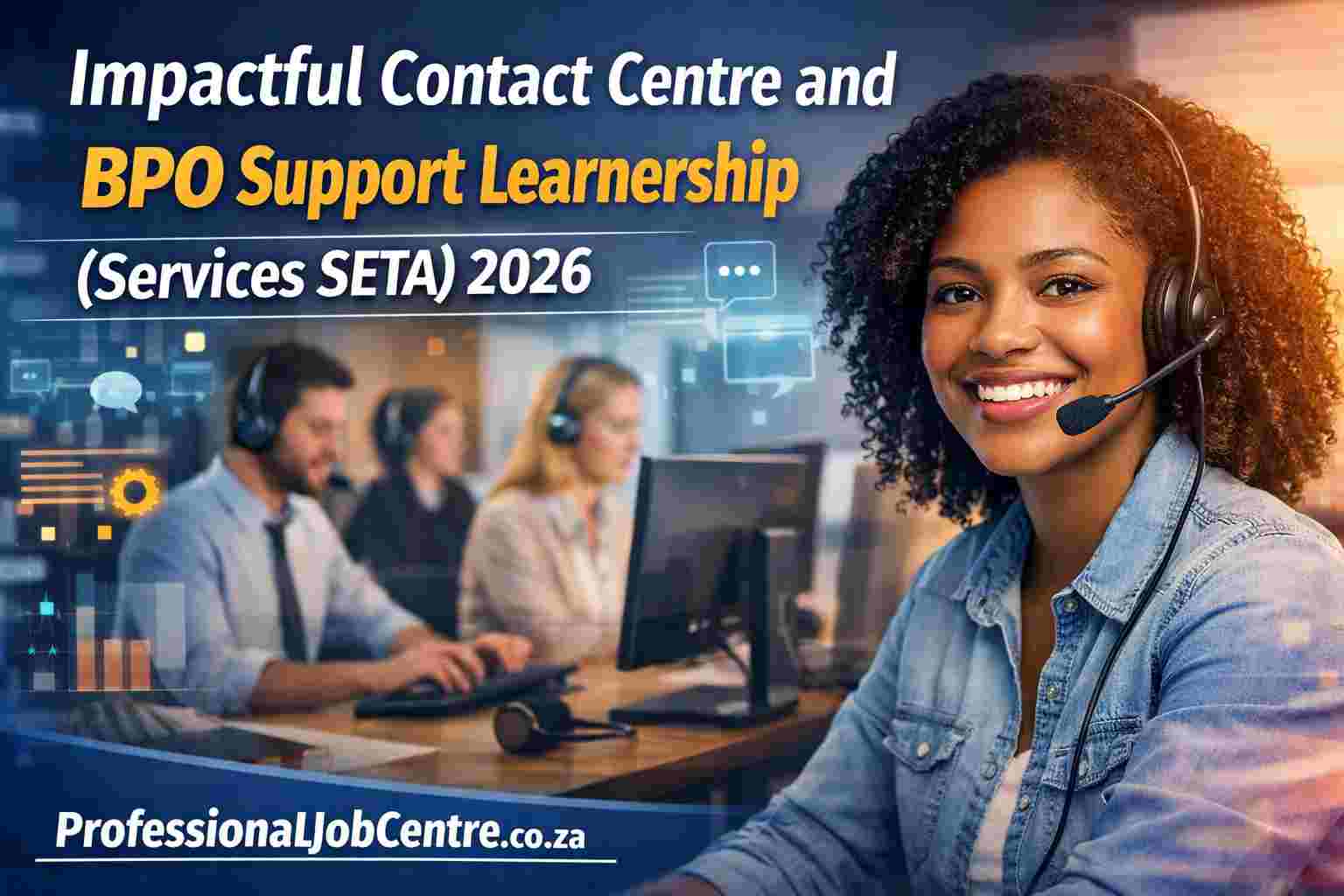 Young contact centre agent wearing a headset working in a modern office during a BPO support learnership program