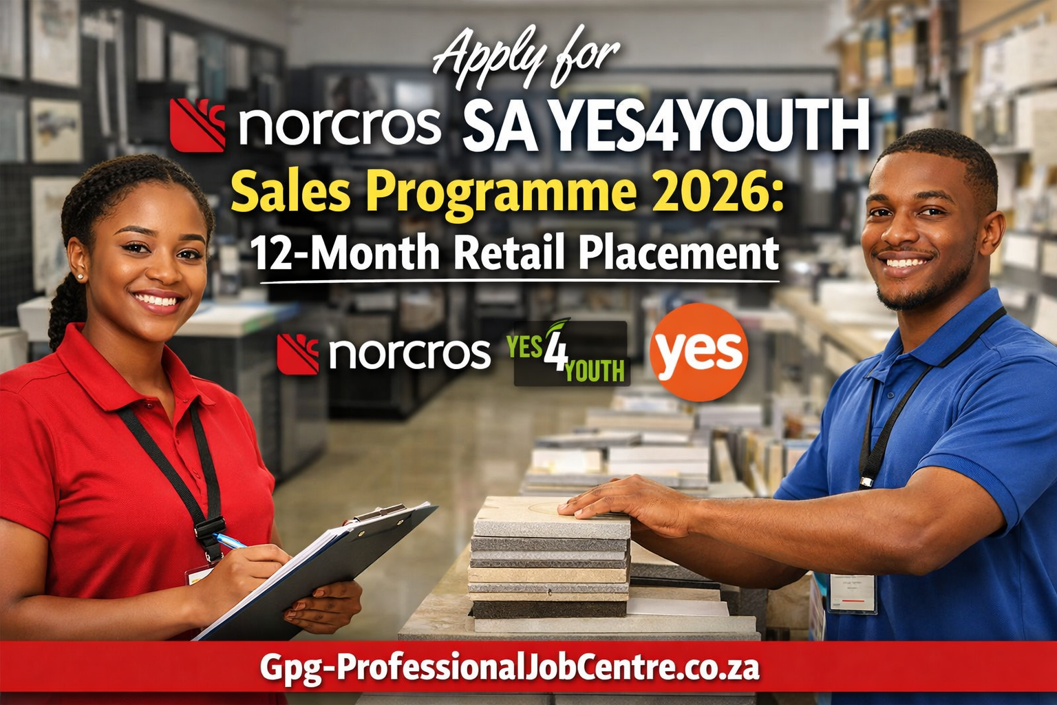 Young sales trainee assisting customers in a tile retail store