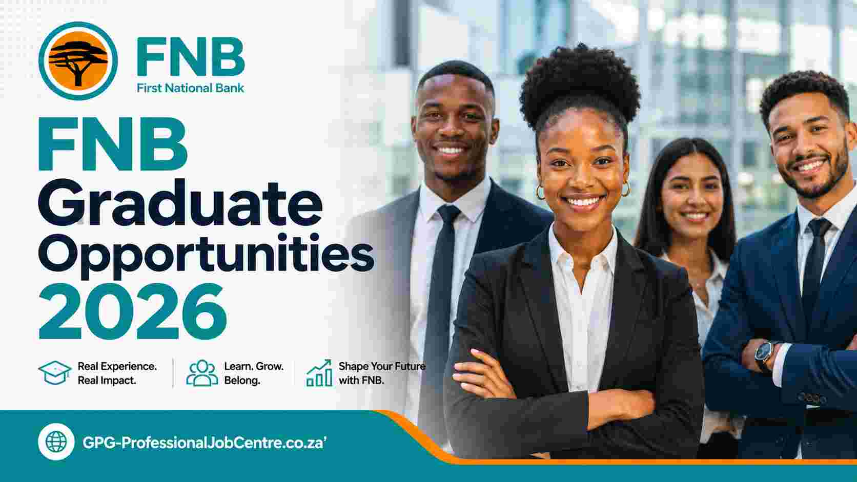 Ambitious young professionals smiling in a modern corporate office, representing FNB Graduate Opportunities 2026 applicants.