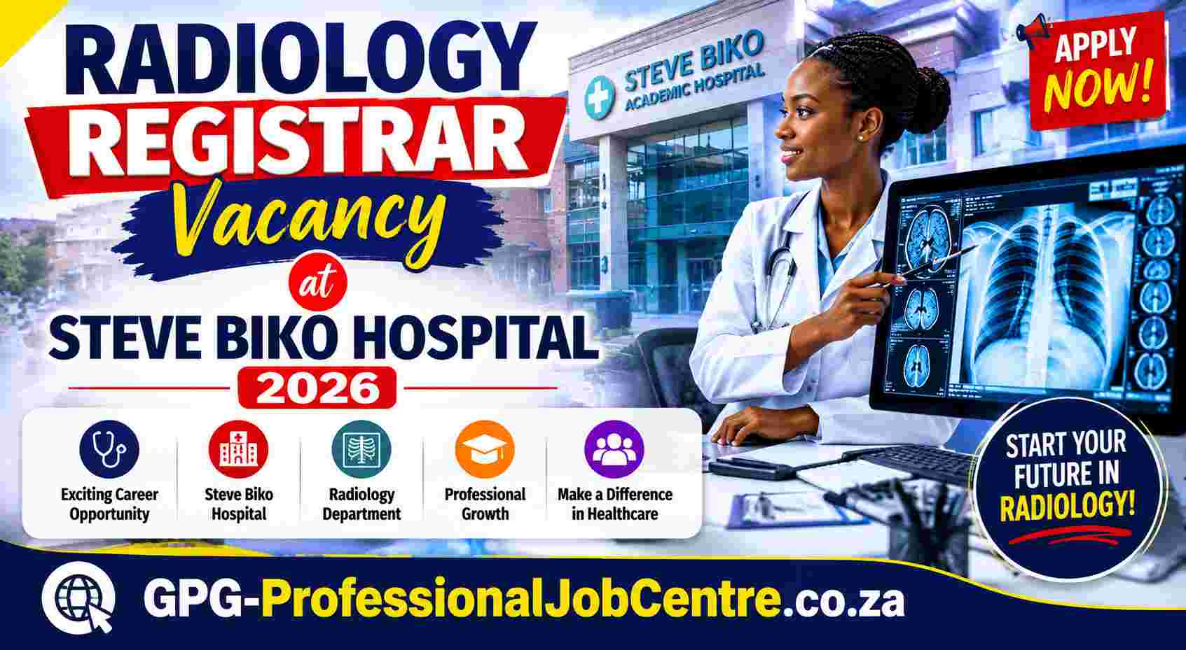 A medical doctor analyzing a diagnostic brain scan on a computer screen, representing the radiology registrar vacancy at Steve Biko Hospital.