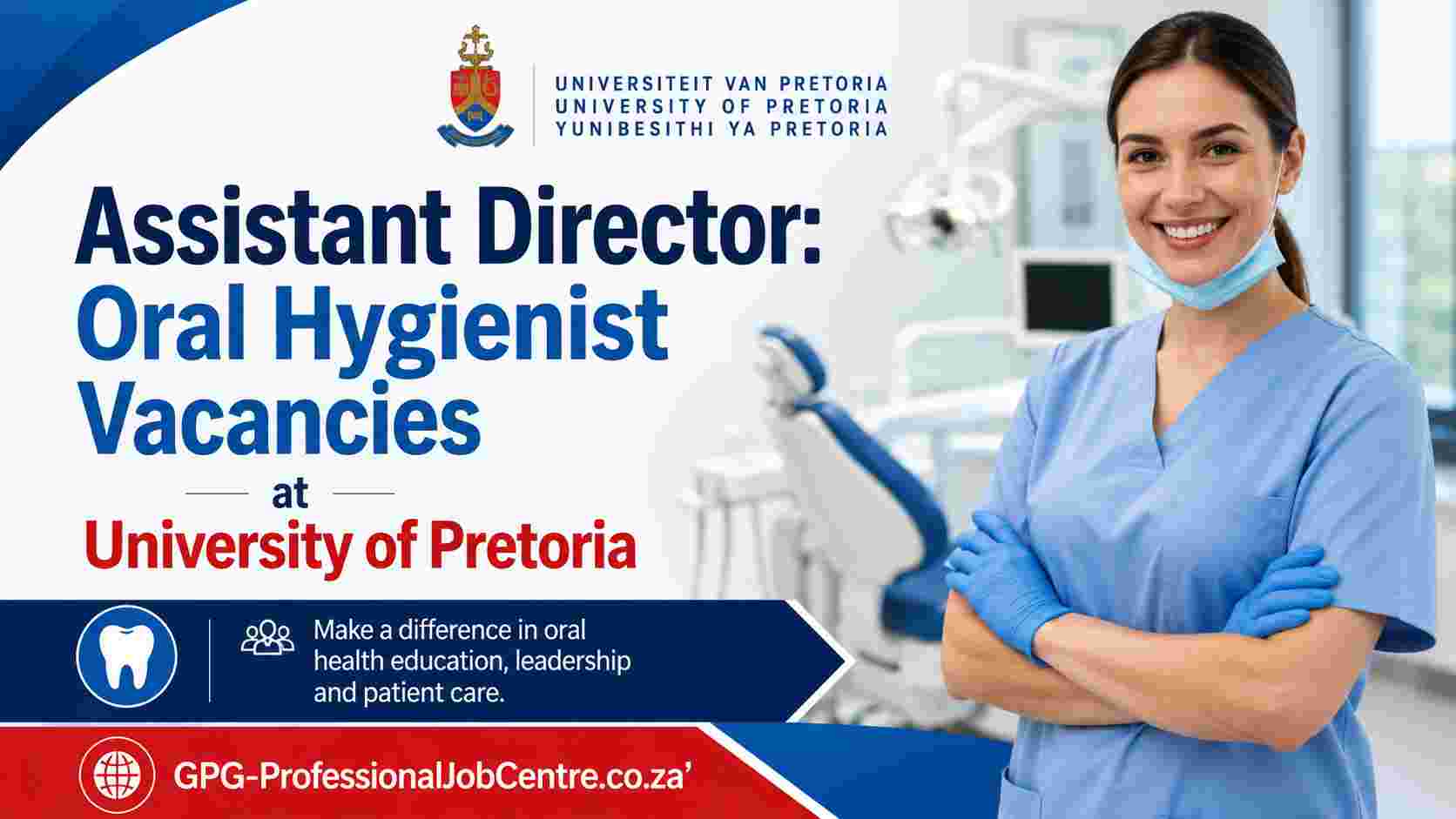 Female oral hygienist smiling in a modern dental clinic at the University of Pretoria Oral Health Centre.