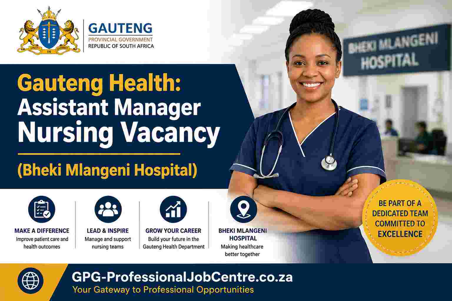 Assistant Manager Nursing vacancy Gauteng hospital building with staff.