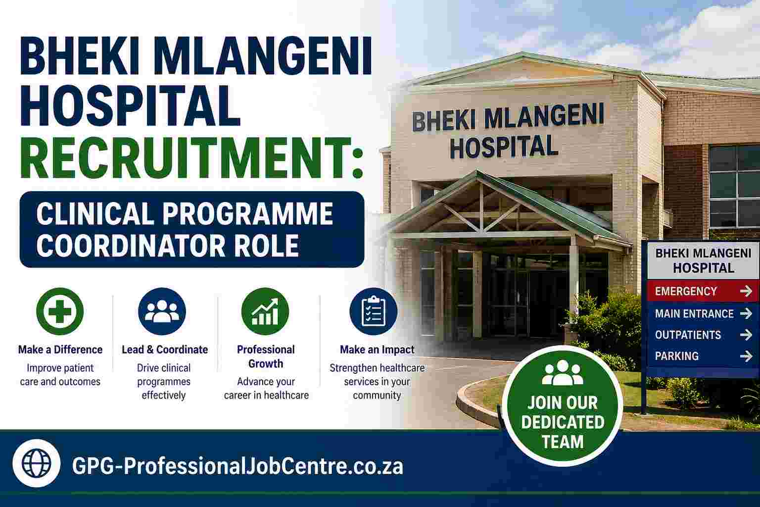 Bheki Mlangeni District Hospital building exterior representing Gauteng Department of Health recruitment for the Clinical Programme Coordinator nursing vacancy.