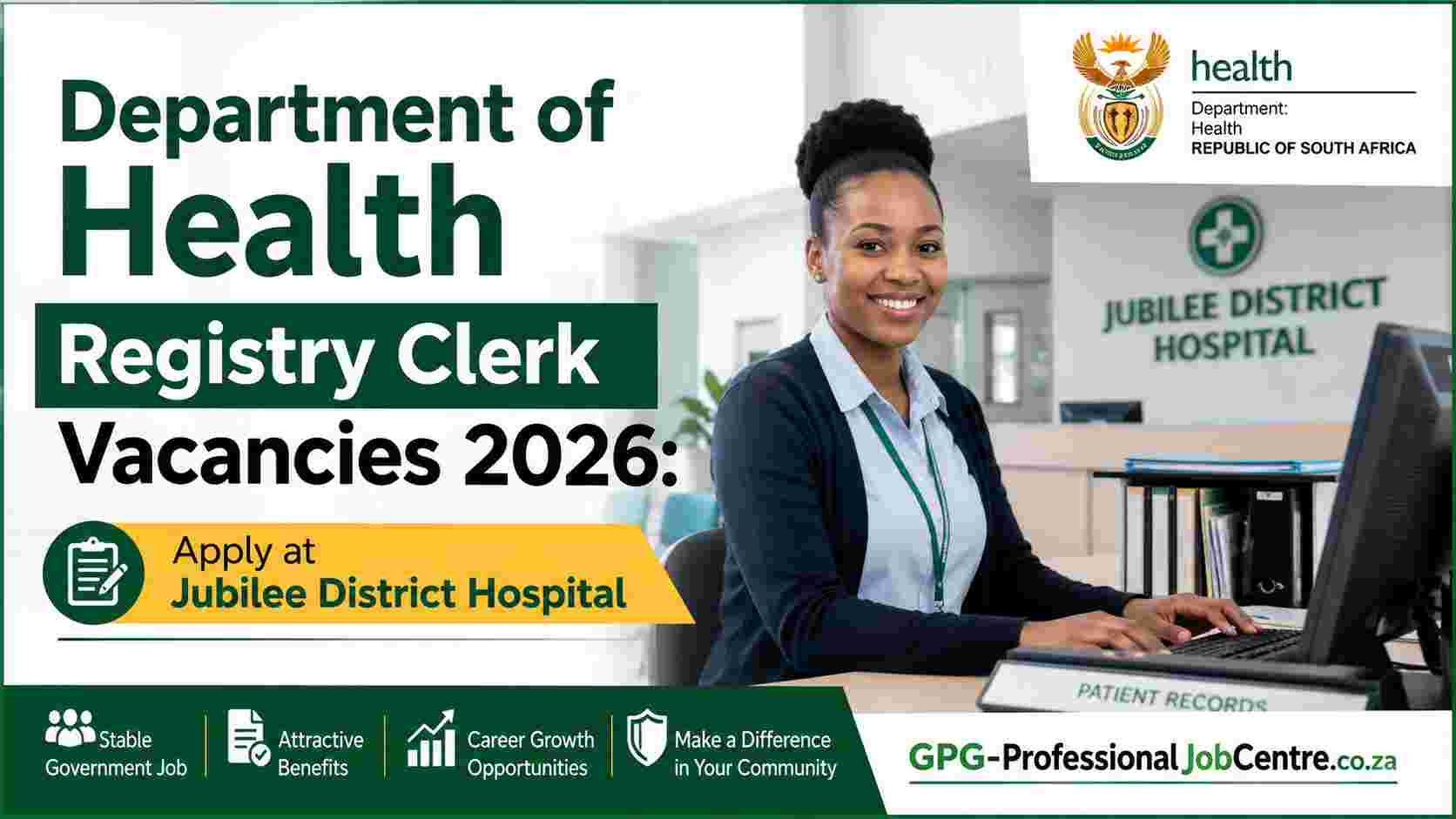 Department of Health Registry Clerk Vacancies 2026 at Jubilee District Hospital advertisement.