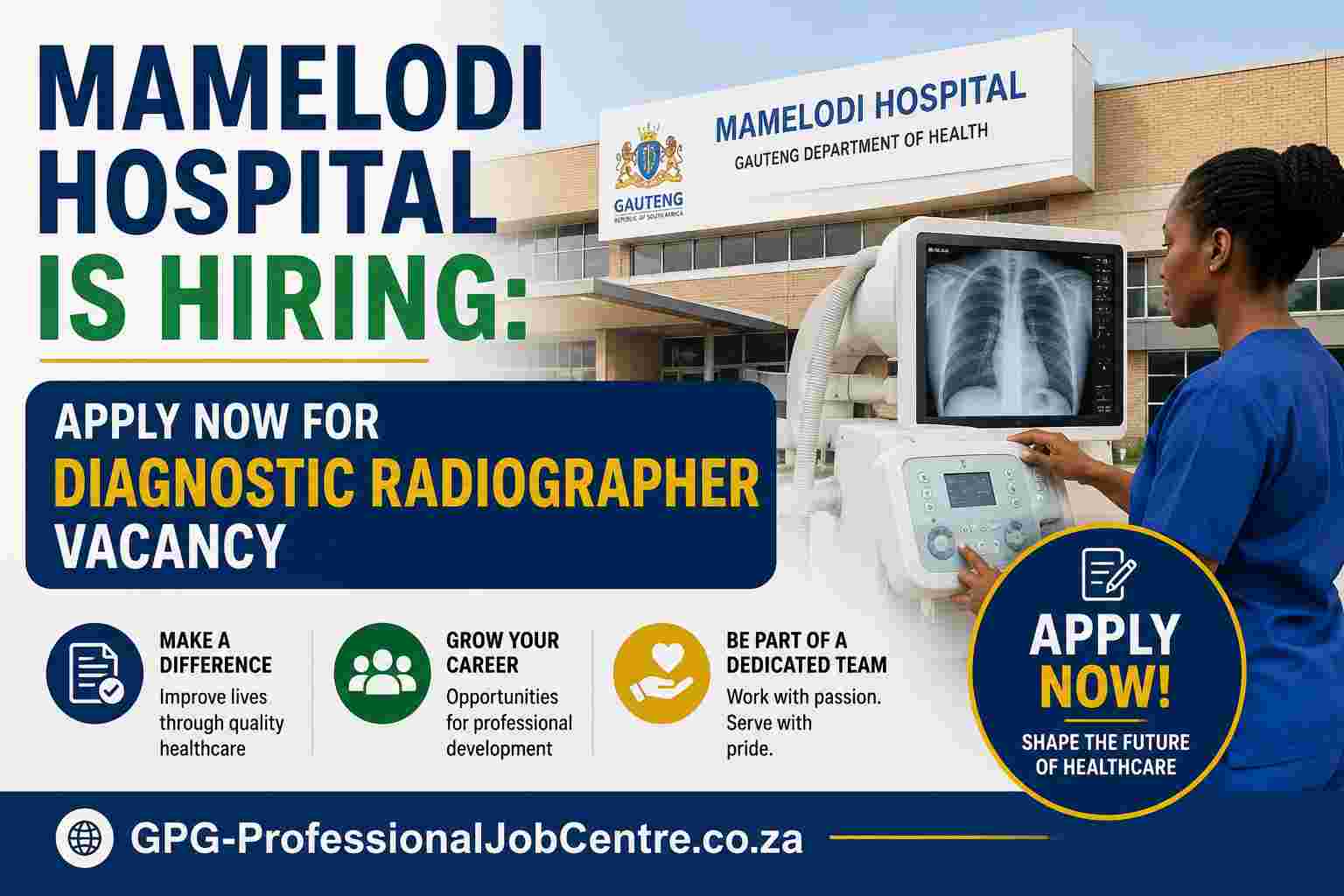 Female diagnostic radiographer preparing X-ray equipment for a vacancy at Mamelodi Hospital.