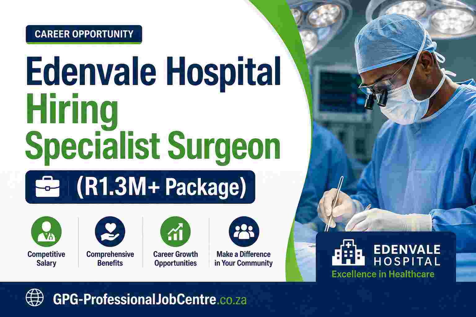 Front entrance of Edenvale Regional Hospital in Gauteng, advertising the Medical Specialist Surgeon vacancy.