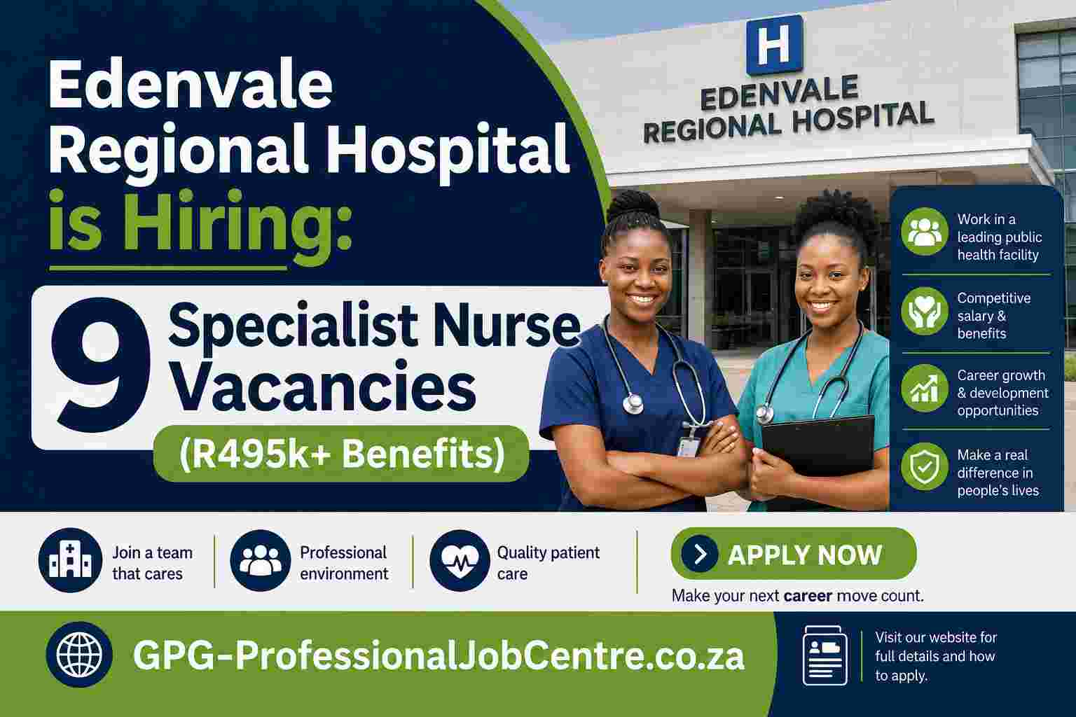 Female and male healthcare professionals smiling in a hospital corridor, representing Edenvale Regional Hospital nursing vacancies.