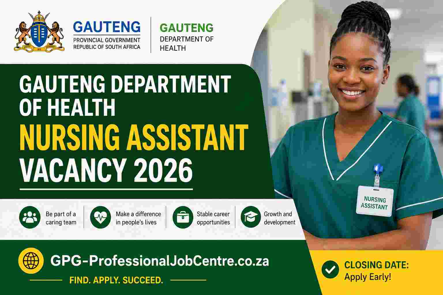 : Official recruitment notice for the Gauteng Department of Health Nursing Assistant vacancy at Edenvale Regional Hospital, detailing reference number REFS/049866.
