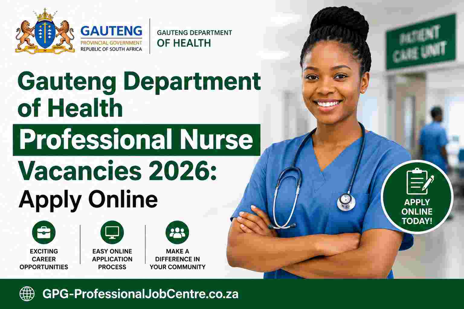 Professional nurses in uniforms representing the Gauteng Department of Health vacancies 2026 at Edenvale Regional Hospital.