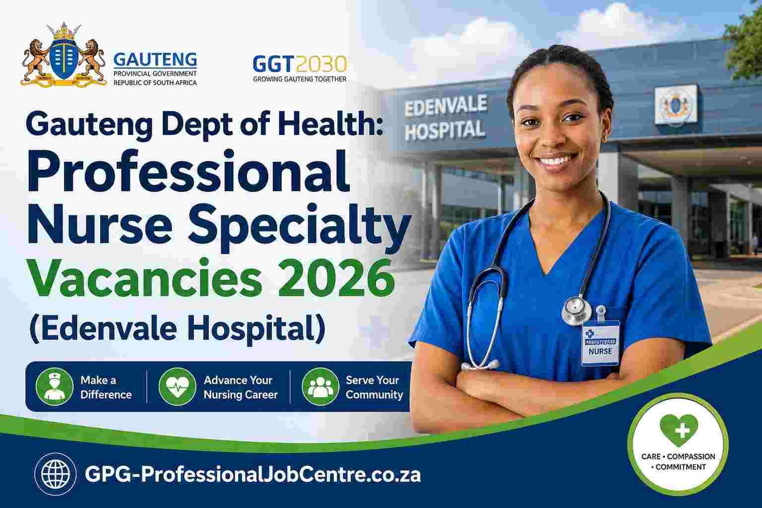 Professional Nurse Specialty vacancies announcement at Edenvale Regional Hospital by the Gauteng Department of Health.