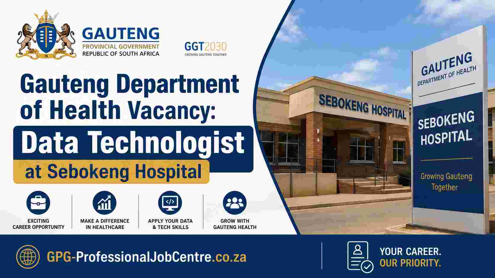 Data Technologist vacancy announcement graphic for Sebokeng Hospital by Gauteng Department of Health.