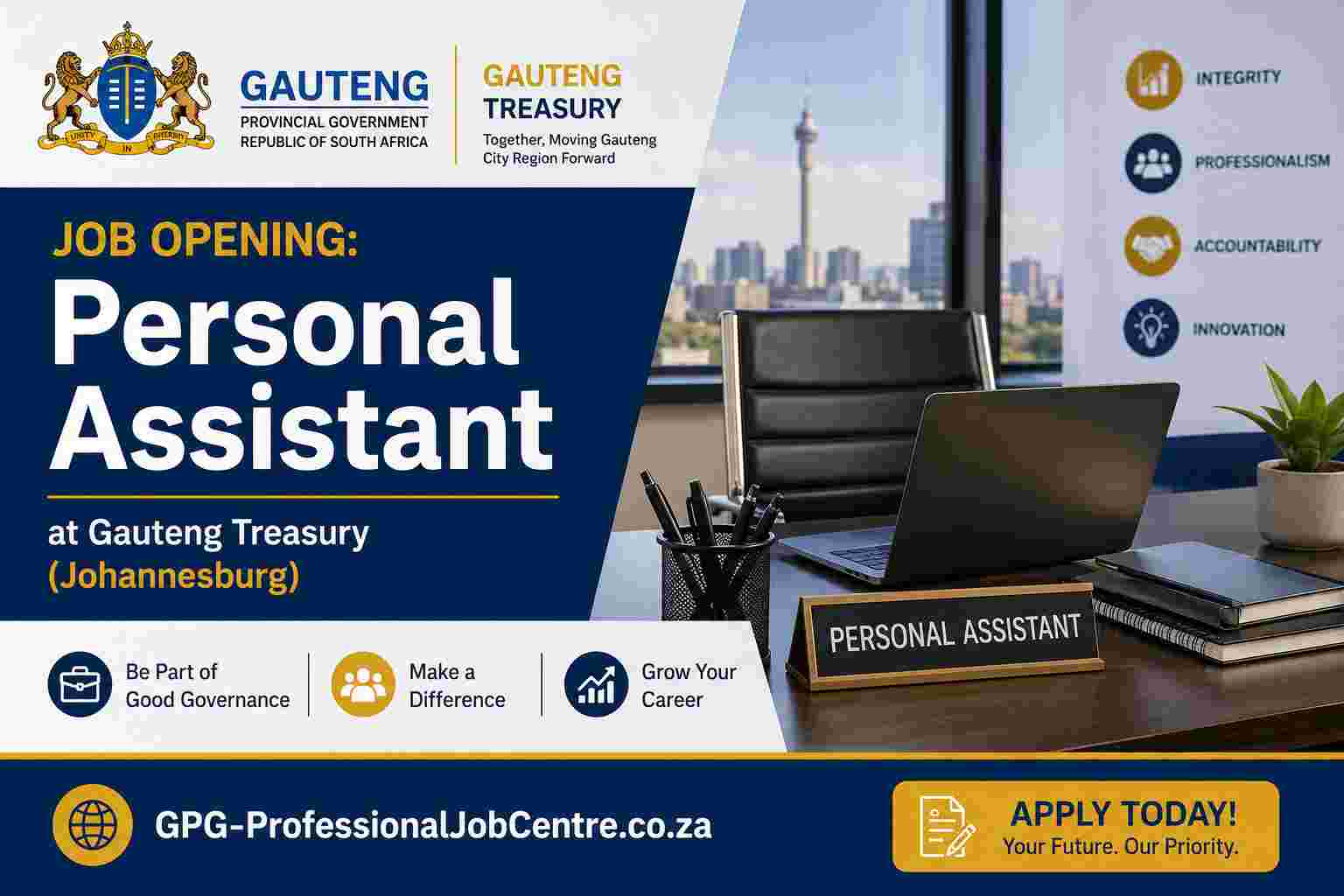 Job opening for Personal Assistant at Gauteng Treasury in Johannesburg.