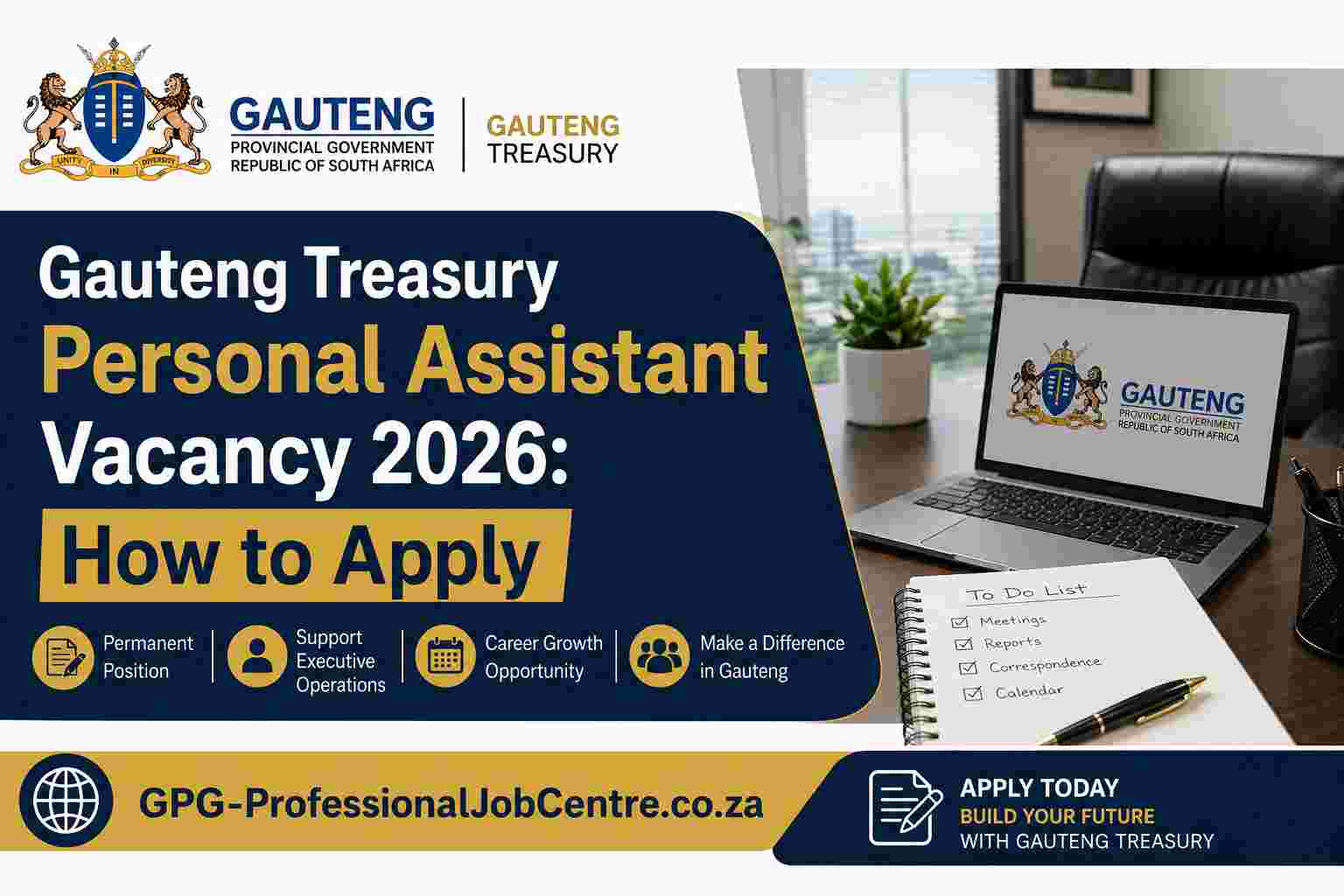 Gauteng Treasury Personal Assistant Vacancy 2026 job advertisement banner for the Directorate Performance Audit Services in Johannesburg