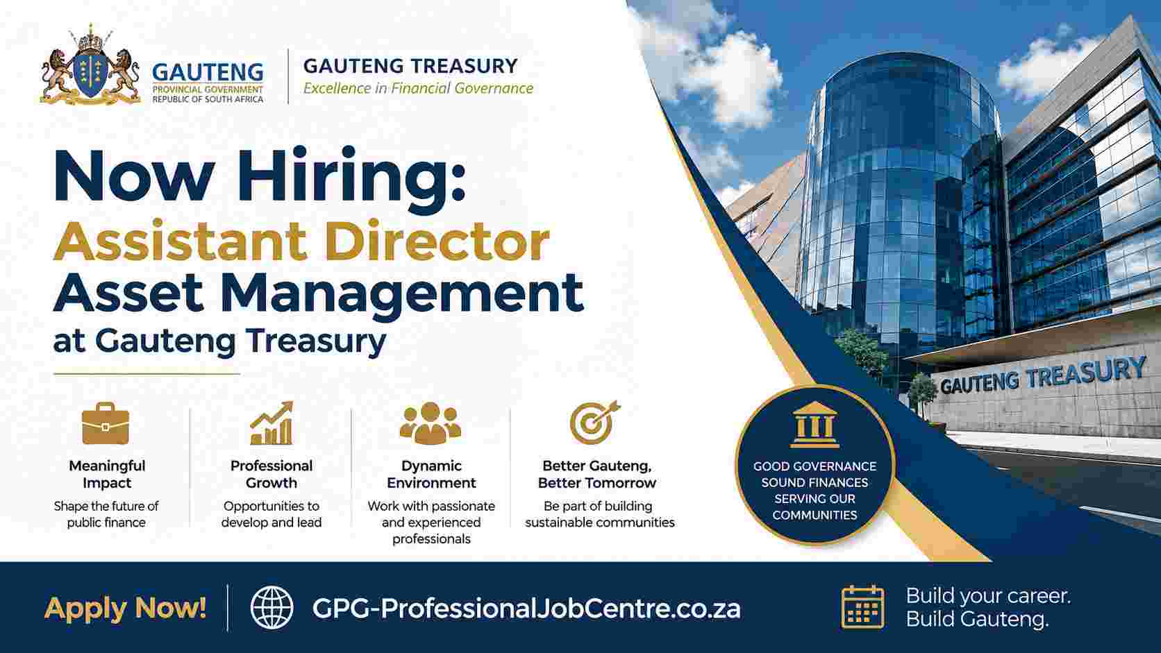 Gauteng Treasury vacancy notice for Assistant Director Asset Management in Johannesburg.