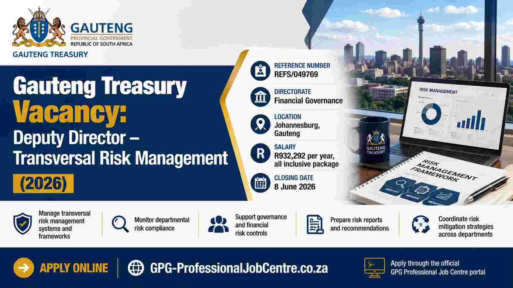 Gauteng Treasury Vacancy: Deputy Director – Transversal Risk Management (2026)