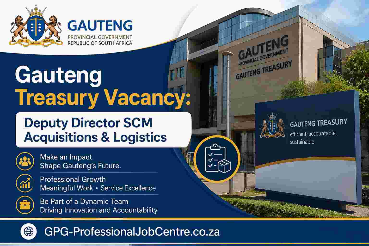 Official GPG vacancies portal displaying recent government job listings in Gauteng South Africa.