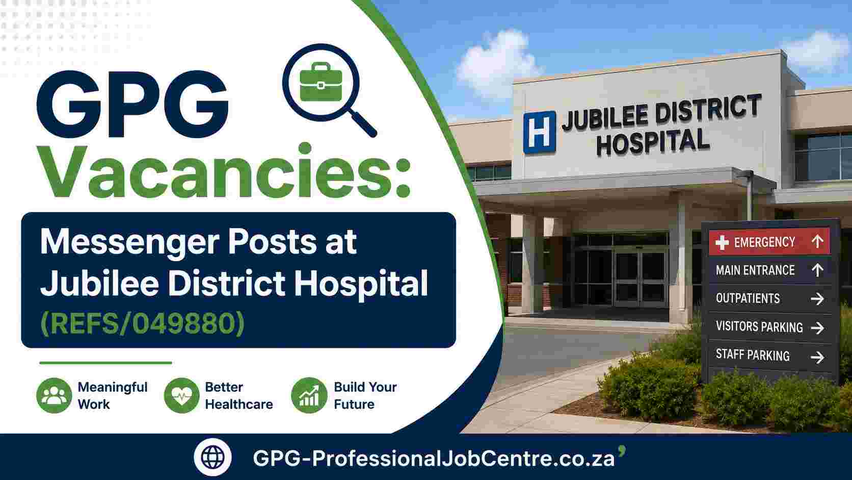 Official Gauteng Department of Health job vacancy advertisement banner for two Messenger posts at Jubilee District Hospital under reference number REFS/049880.