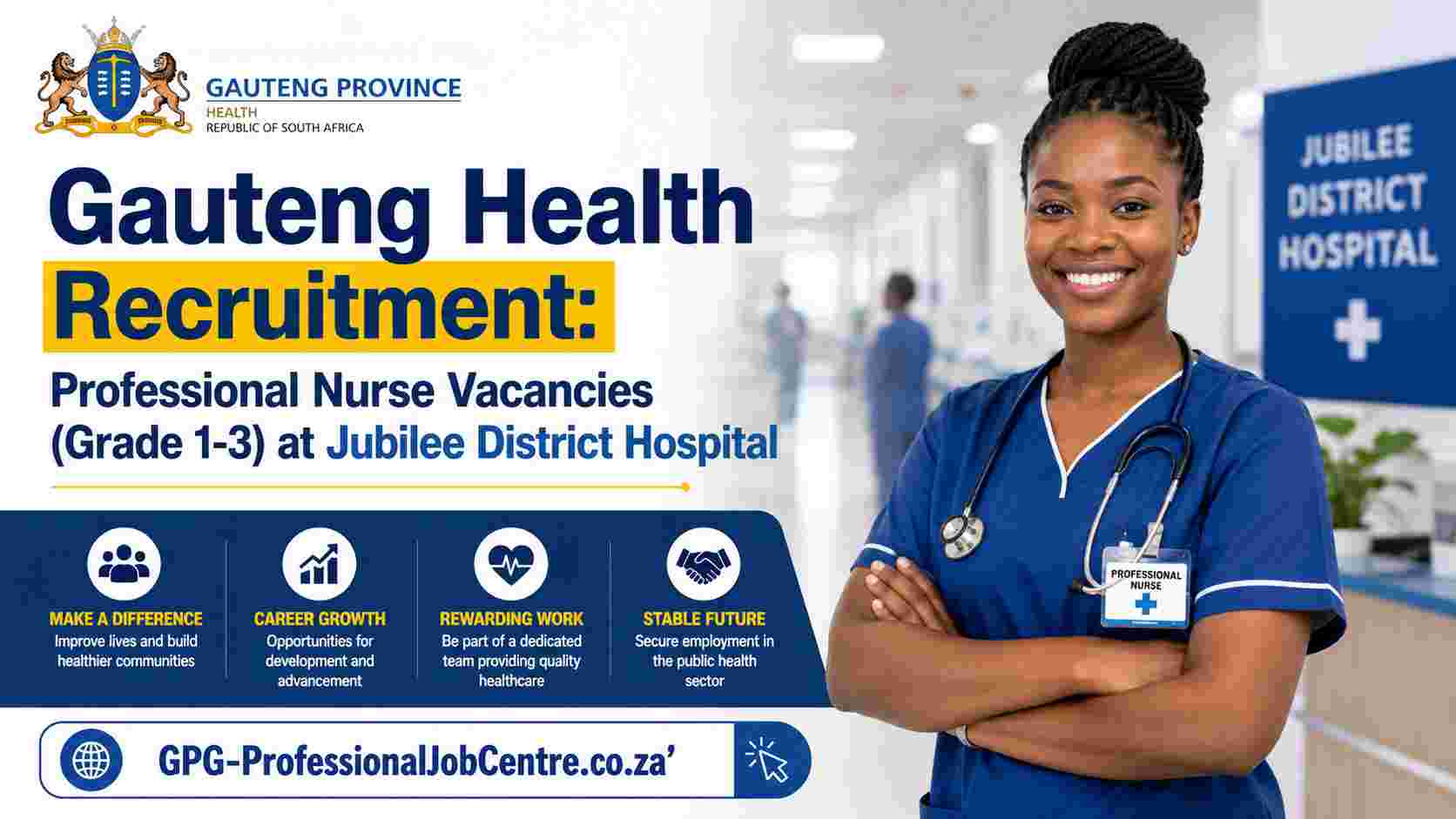 Main entrance of Jubilee District Hospital building in Gauteng, South Africa, highlighting available public health nursing vacancies.