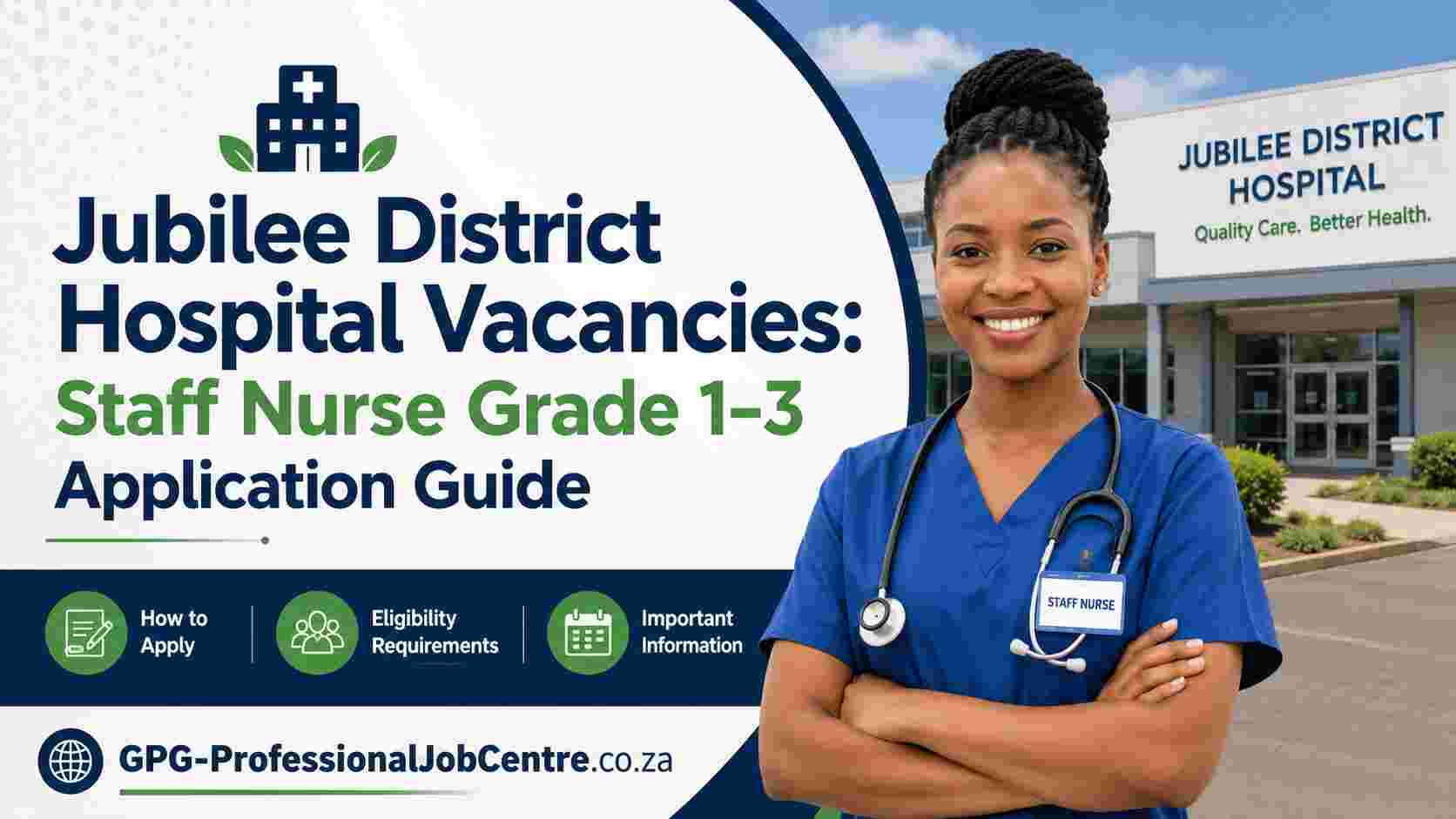 Exterior entrance of Jubilee District Hospital building in South Africa, representing the facility hosting the current Staff Nurse Grade 1 to 3 vacancies.