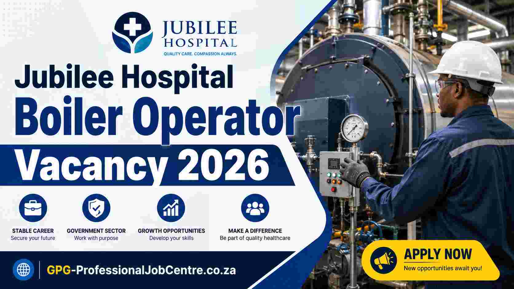 Boiler operator monitoring steam pressure systems for the Gauteng Department of Health vacancy at Jubilee District Hospital.