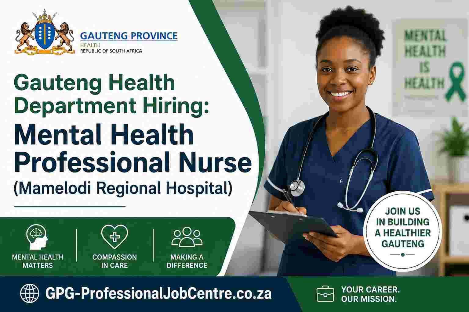 Professional nurse in scrubs preparing an application for the Gauteng Health Department mental health nursing job at Mamelodi Regional Hospital.