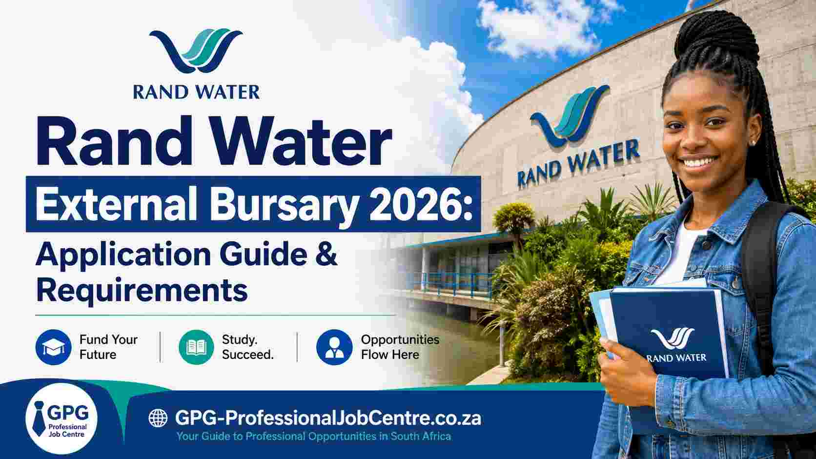 Infographic detailing the Rand Water External Bursary 2026 application guide and requirements.